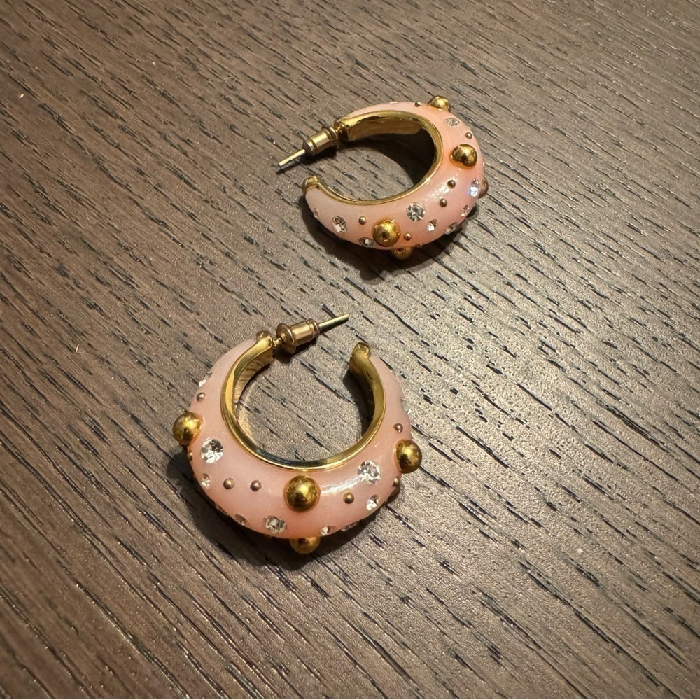 Celine Phoebe Philo Peach-Pink Enamel Hoop Earrings – Gold Studs & Crystals - Picture 6 of 6